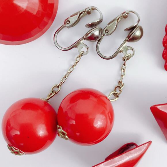 Vintage Marked Germany Lot of 4 Earrings MCM Cherry Red Bombshell Wings Clip On - Picture 5 of 8